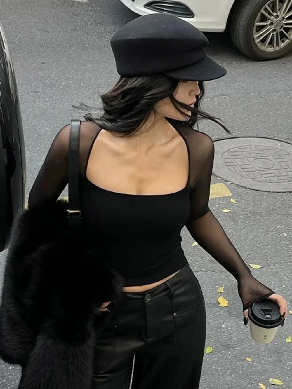 Commense Black Square Neck Sheer-Sleeve Tank - Picture 2 of 3